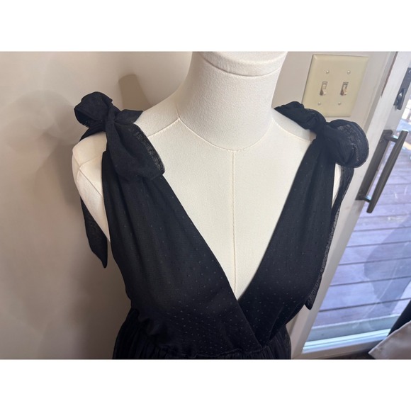 Three Bird Nest BohoBlack Tulle Tiered Midi Dress Swiss Dot Tie Shoulder V-Neck - Picture 3 of 10